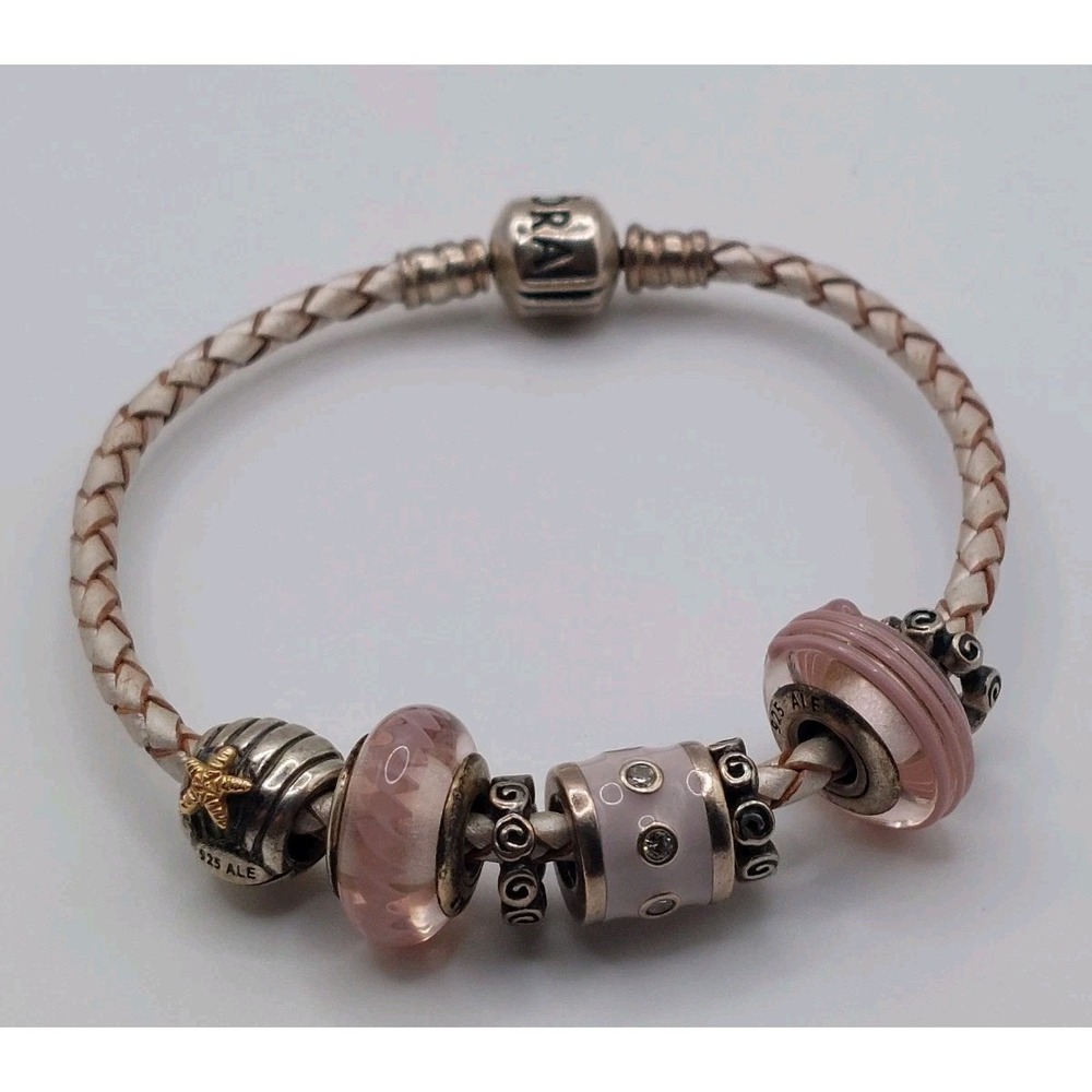 Pandora Charm Bracelet Retired Pink Murano Lavendar Starfish 14K Gold Vintage
